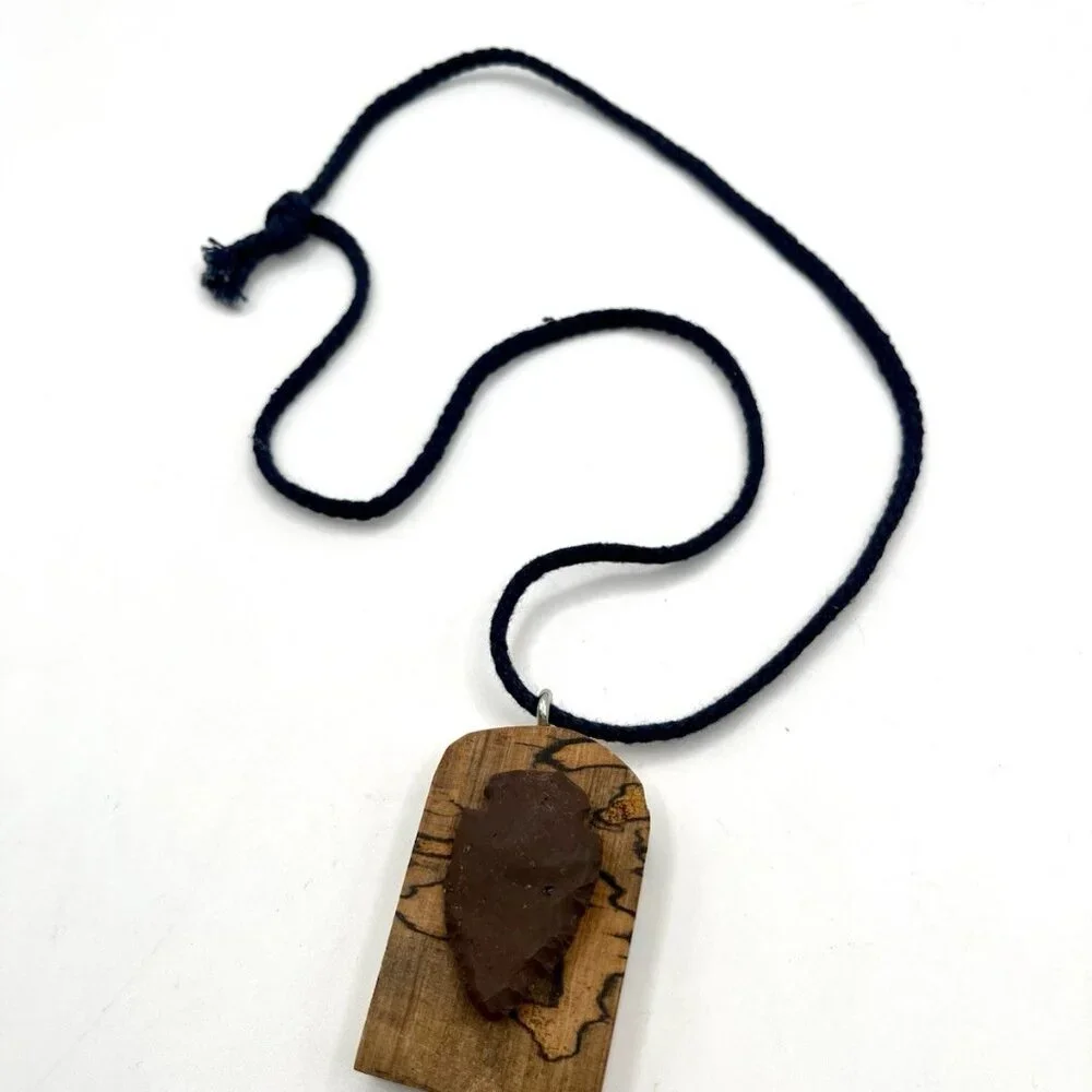 Handmade Arrowhead Necklace Knapped Stone Pendant Spalted Wood Primitive Rustic